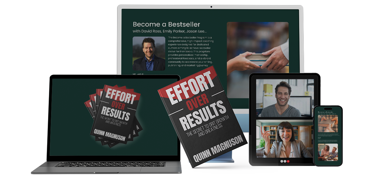 A writer’s desk with an open notebook, laptop showing writing lessons, and a published fiction book.