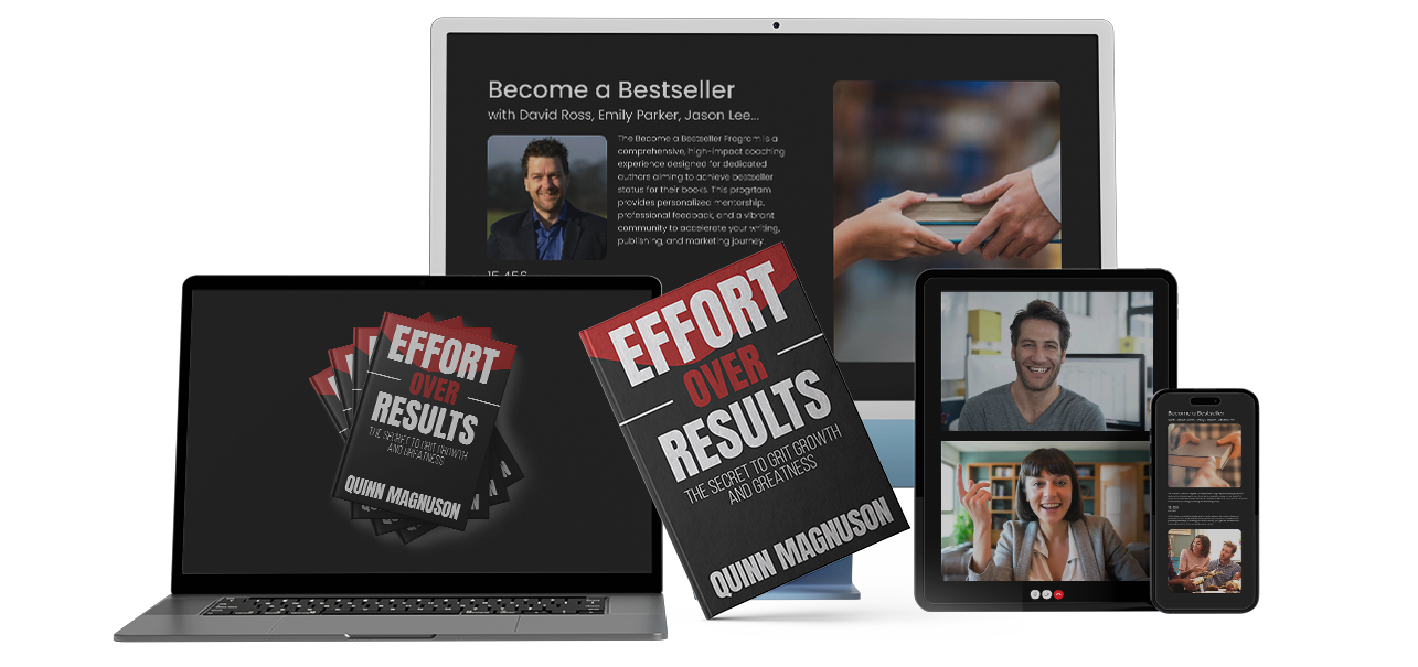 A collection of devices displaying course content and a physical book titled 'Your Own Published Book'.